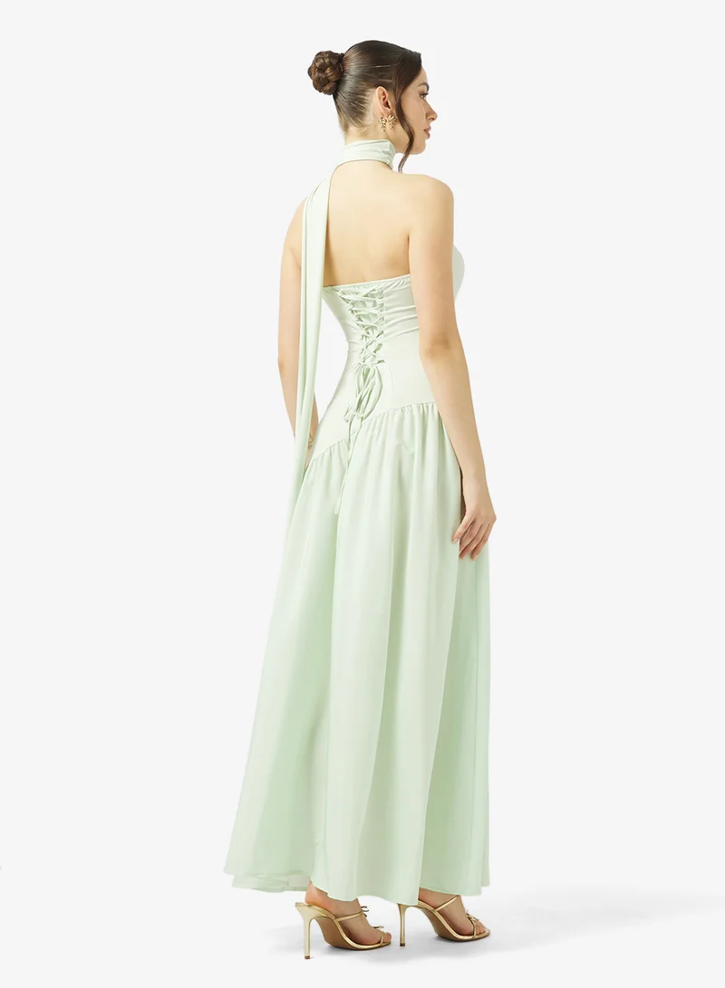 جينجر Off Shoulder Drop Waist Dress with Scarf